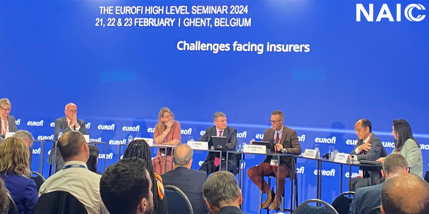 On February 21, Massachusetts Division of Insurance Commissioner Gary D. Anderson, chair of the NAIC’s International Insurance Relations (G) Committee, participated in a panel at the Eurofi High Level Forum titled “Challenges Facing Insurers.”  Anderson is pictured with six other panelists.