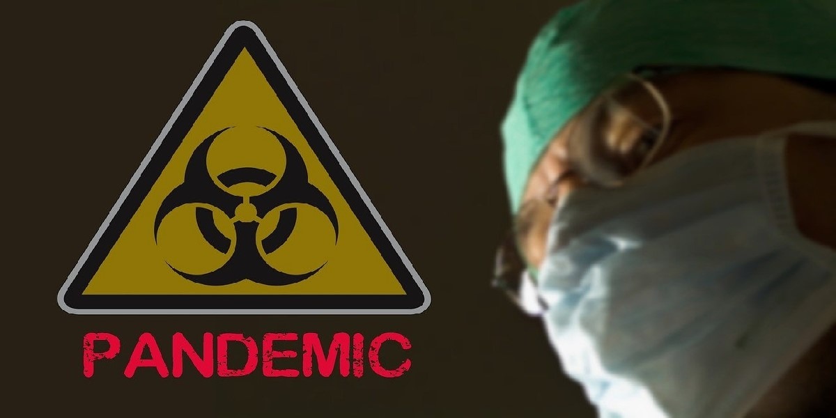 Pandemic warning sign and masked doctor